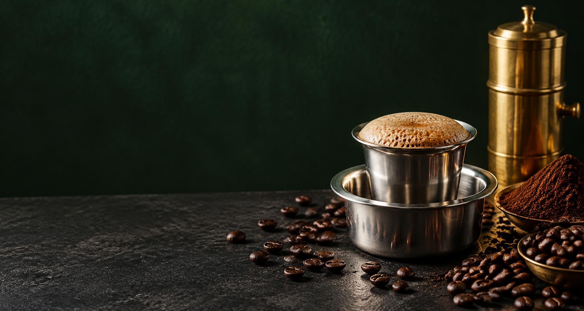 Traditional South Indian filter coffee in a steel tumbler, with a brass filter and roasted beans